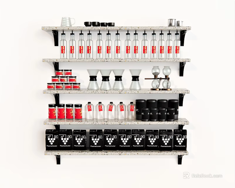 Multi tiered wall mounted storage shelf with organized bottles jars cups and containers 3d model