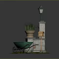 Outdoor Garden Decorative Elements With Street Lamp Flower Pot Fountain Birdhouse And Wheelbarrow