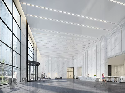 Modern Lobby Reception Area With Marble Walls Glass Windows And Linear Lights 3d model