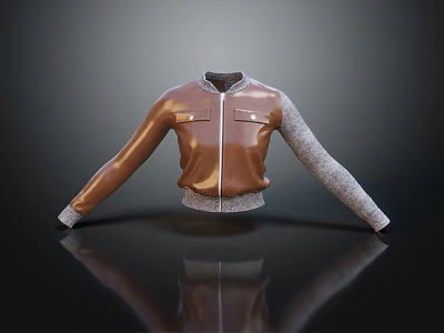 Brown And Gray Jacket With Leather Body Knitted Sleeves Zipper Front And Pockets 3d model