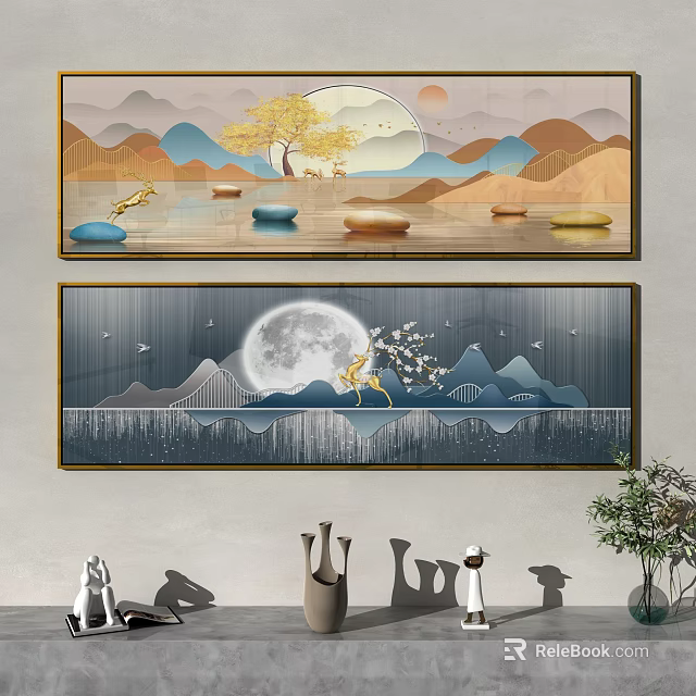 Interior Wall Decor With Chinese Landscape Moon Deer Tree Bridge And Stones 3d model