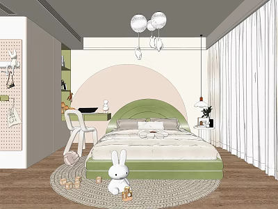 Kids Room Interior Design With Green Bed White Rabbit Plush Arched Wall And Wooden Floor 3d model