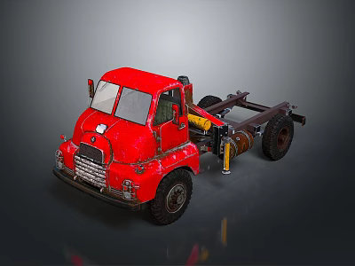 Red Vintage Truck Chassis With Cab And Wheels On Dark Background 3d model