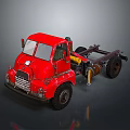 Red Vintage Truck Chassis With Cab And Wheels On Dark Background