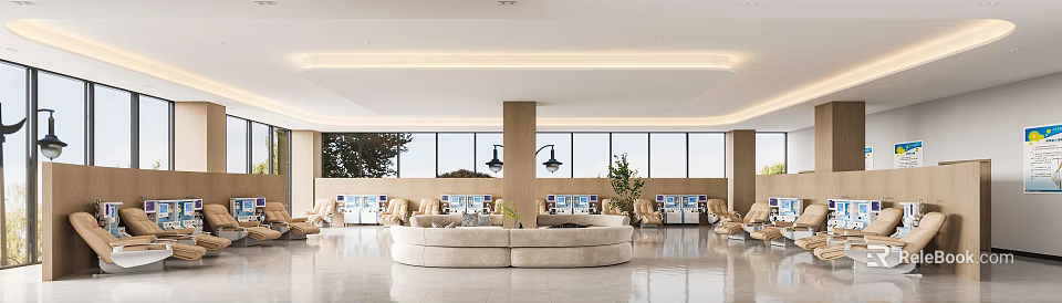 Modern Hospital Outpatient Clinic Open Lobby With Comfortable Sofa Seats Windows Plants And Vending Machines 3d model 