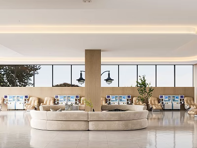 Modern Hospital Outpatient Clinic Open Lobby With Comfortable Sofa Seats Windows Plants And Vending Machines 3d model