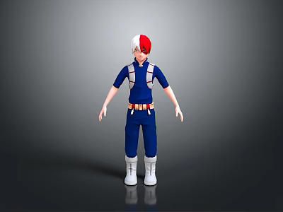 3D Character Model With Red And White Hair Blue Uniform White Boots And Suspenders 3d model