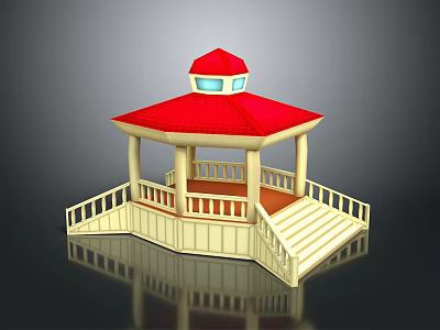 Classic Gazebo Structure With Red Roof White Pillars And Staircase Steps 3d model