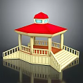 Classic Gazebo Structure With Red Roof White Pillars And Staircase Steps