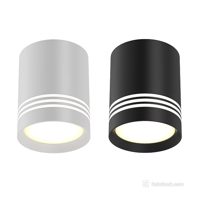 Modern Gray And Black Cylindrical Downlights Spotlights With White Stripes Illuminated Warm Yellow Light 3d model 