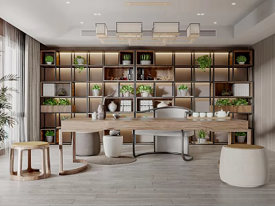 Modern Tea Room Interior Design With Wooden Shelves Green Plants Long Table And Tea Sets 3d model