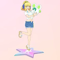 Blonde Woman With Ponytail And Blue Bow Holding White Plush Toy In Pink Background