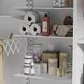 White Open Bathroom Cabinet With Shelves Towel Storage Baskets And Decorative Items