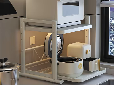Modern Kitchen Storage Rack With White Microwave Rice Cooker And Toaster 3d model