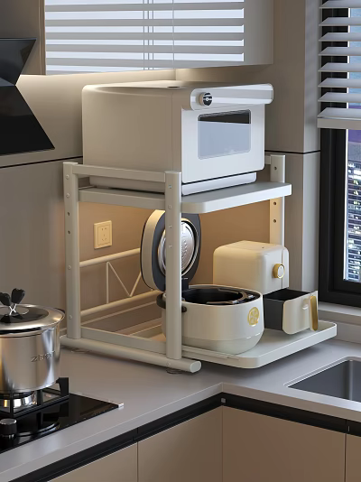 Modern Kitchen Storage Rack With White Microwave Rice Cooker And Toaster 3d model