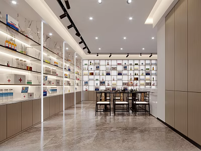 Modern Pharmacy Store Interior With Well Lit Shelves And Medical Products 3d model