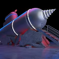 Cylindrical Object Featuring Red Top Silver Body White Light Strips Rocks And Metal Stairs 3d model