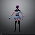 3D Character Model With Pink Hair Blue Pink Outfit Skirt Black Gloves And Leggings