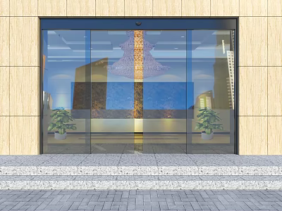 Modern Building Entrance With Glass Door Light Colored Walls Steps Potted Plants And Interior Chandelier 3d model