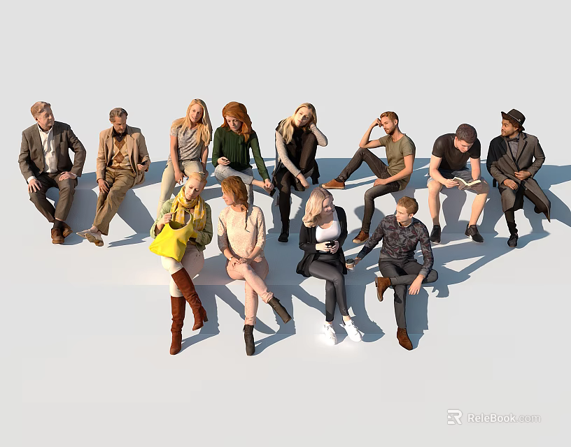 Diverse Group of People Sitting Together in Casual Attire and Relaxed Poses 3d model 