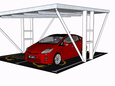 Red Car Parked Under White Carport With Yellow Parking Lines 3d model