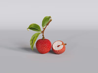 Whole and Halved Fresh Lychee Fruit with Green Leaves on Branch 3d model