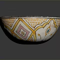 Hand Carved Decorative Bowl Featuring Yellow Pink Blue Geometric And Floral Patterns