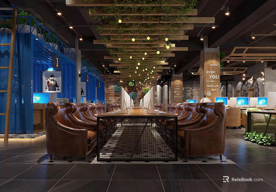 Modern Internet Cafe Interior With Brown Leather Sofas Long Table Blue Walls And Green Plants 3d model