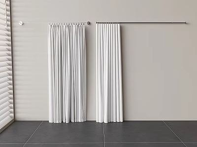 White Curtains Hanging On Rod With Light Wall Dark Floor And Window Blinds Interior 3d model