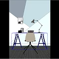 Modern Desk And Chair Set In Room With Geometric Wall Silver Lamp Typewriter And Camera