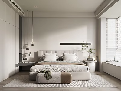 Modern Bedroom Interior Design With Large Bed Hanging Lights Plant And Area Rug 3d model