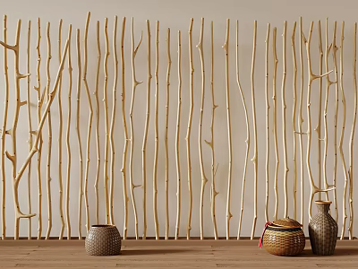 Natural Branch Fence In Interior With Decorative Vases And Pots 3d model