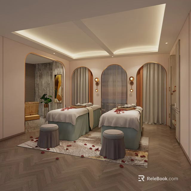 Luxurious SPA Sauna Room With Massage Beds Rose Petals And Arched Windows 3d model 