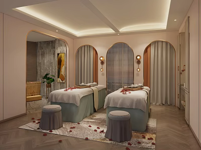 Luxurious SPA Sauna Room With Massage Beds Rose Petals And Arched Windows 3d model