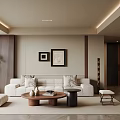 Modern Living Room Interior With White Sofa Wooden Coffee Table Potted Plant And Framed Artworks