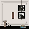 Elegant Interior Wall Decor with Framed Circular Artworks Copper Lamp and Vases 3d model