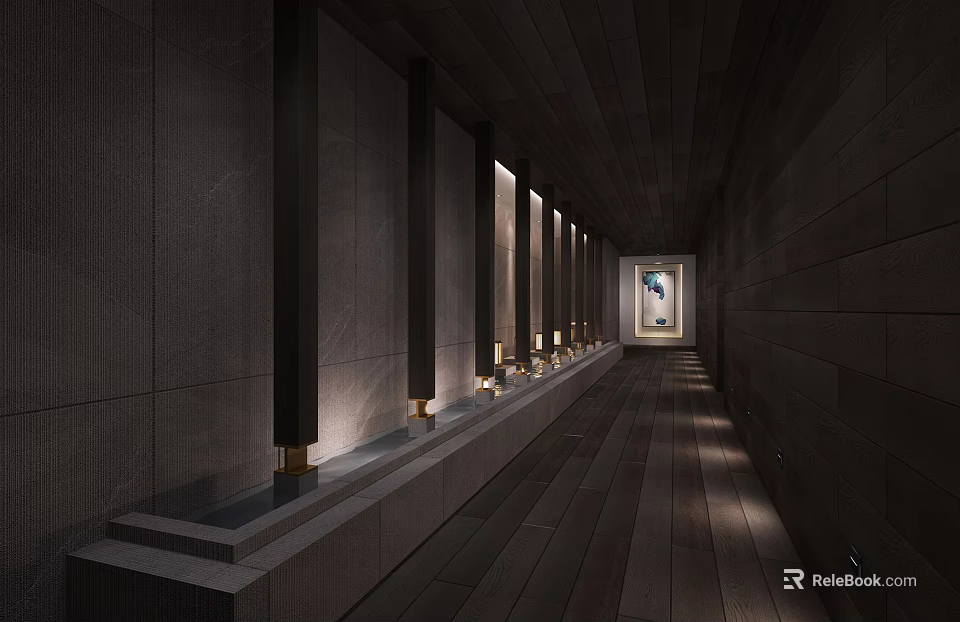 Modern Hotel Corridor Interior With Wooden Walls Lighting And Decorative Artwork 3d model 