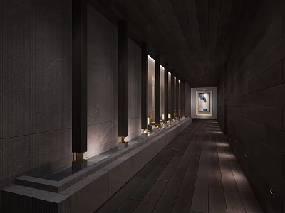 Modern Hotel Corridor Interior With Wooden Walls Lighting And Decorative Artwork 3d model