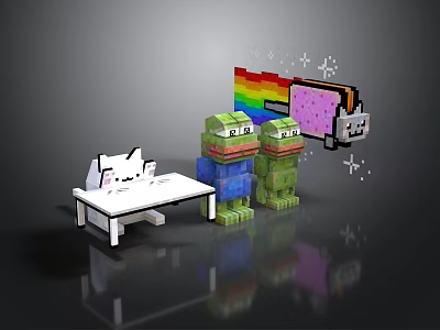 Pixel Art Characters and Creatures with White Cat Green Creatures Table Rainbow and Stars 3d model