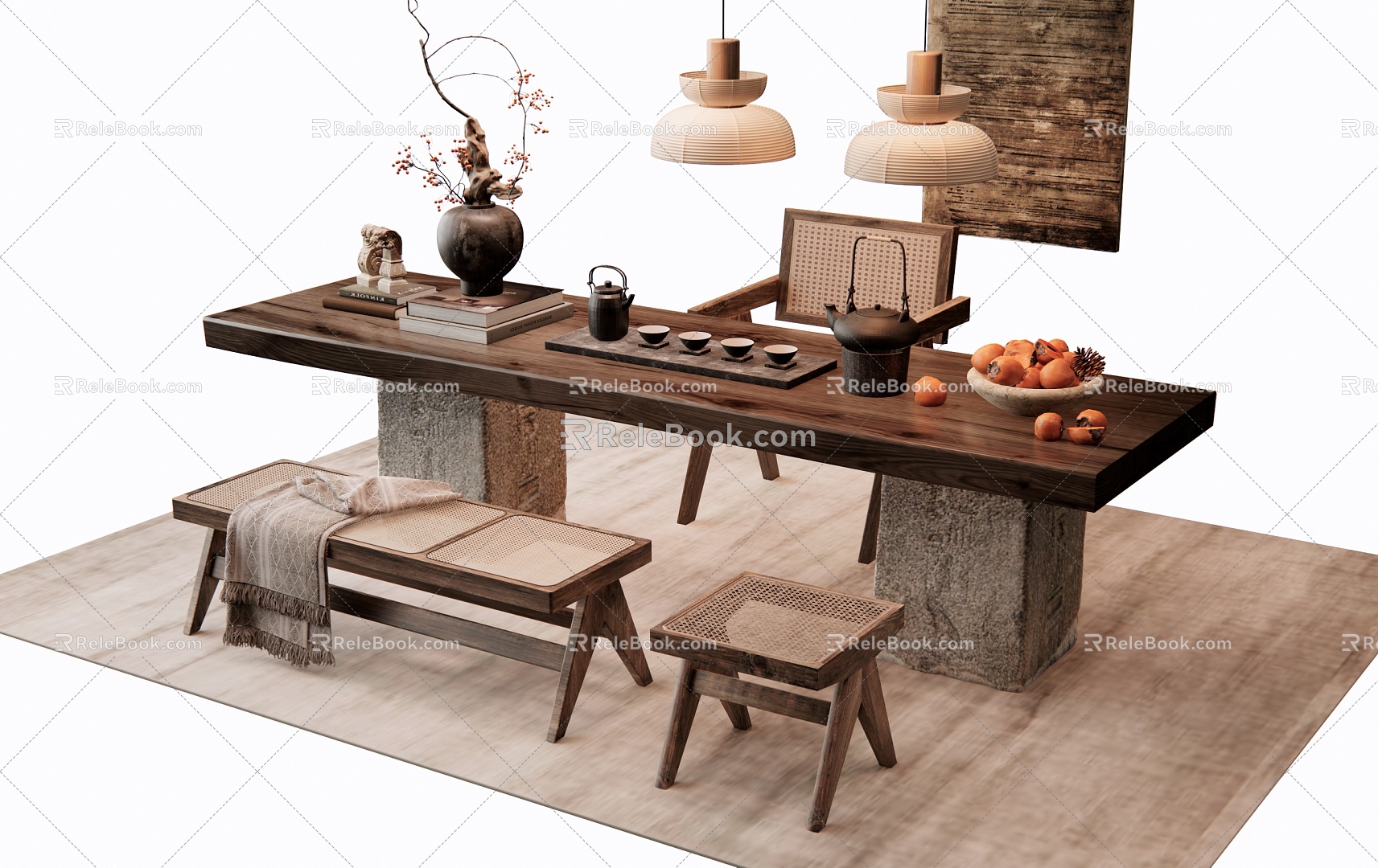 Quiet Ancient Style Tea Table and Chair Casual Table and Chair Rattan Chair Bench Vase Jewelry Ornaments Tea Set model