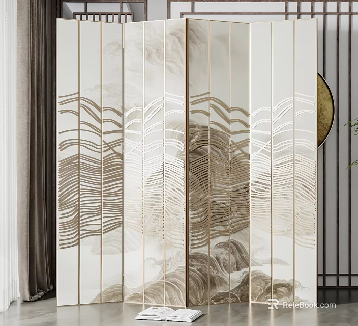 Elegant Modern Room Divider With Gold Frame And Leaf Pattern Design 3d model