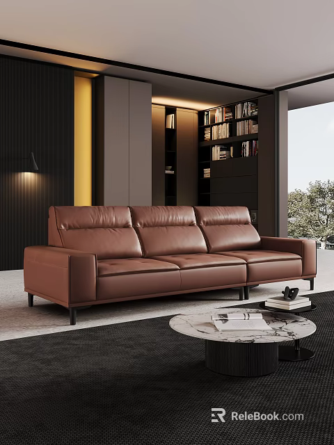 Brown Leather Three-Seater Sofa In Modern Living Room With Dark Bookshelf And Round Coffee Table 3d model 
