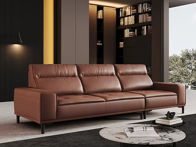 Brown Leather Three-Seater Sofa In Modern Living Room With Dark Bookshelf And Round Coffee Table 3d model