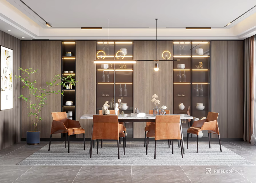 Modern Restaurant Interior With Wooden Walls Glass Display Cabinets And Brown Leather Chairs 3d model 