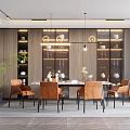 Modern Restaurant Interior With Wooden Walls Glass Display Cabinets And Brown Leather Chairs
