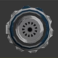 Dark Blue Cylindrical Device With Top Opening Yellow Stripes Red Button And Shiny Bottom