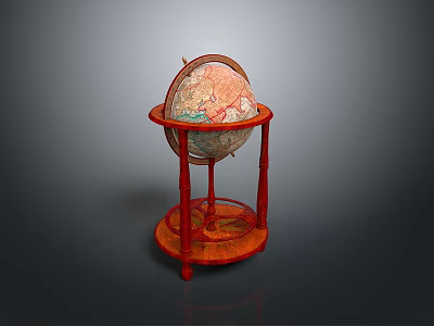 Vintage Globe On Red Wooden Stand With Round Base And Colorful Map 3d model