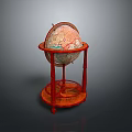 Vintage Globe On Red Wooden Stand With Round Base And Colorful Map