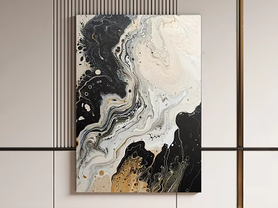 Abstract Painting with Black White and Gold Fluid Patterns for Modern Interior Wall Decor 3d model