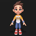 Cartoon Boy With Brown Hair Big Eyes Yellow Sleeved White T-shirt Blue Pants Red Shoes